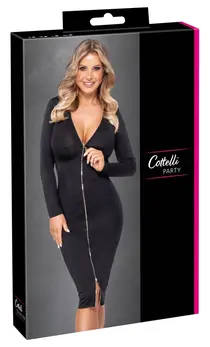 Cottelli PARTY Black Zip-Front Bodycon Dress, Long Sleeve, Size S