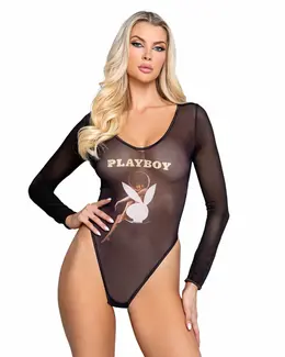 Playboy Lingerie Cover Girl October Teddy - Sheer Bodysuit, Black, M/L