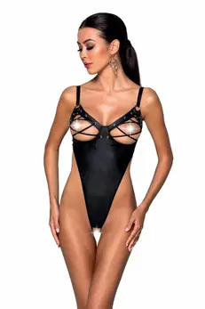 Lolitta Celine Bodysuit Black - Adjustable Straps, Open Design, Imitation Leather