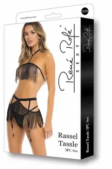 Rassel Tassle 3PC Set Black M/L - Elegant Fringe Lingerie Ensemble