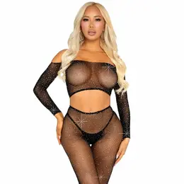 Leg Avenue Crop Top & Fishnet Leggings with Rhinestones Black - Flexible Fit One Size