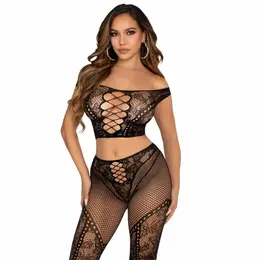 Leg Avenue Off-Shoulder Crop Top & Fishnet Leggings Set Black One Size