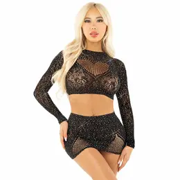 Leg Avenue Shiny Mesh Crop Top & Mini Skirt Set Black, Two-Piece Outfit