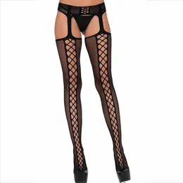 Leg Avenue Stockings with Net Texture and Integrated Garter Black One Size