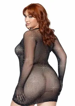Plus Rhinestone Fishnet Gloved Mini Dress - Elegant Mesh, Hand-Laid Stones