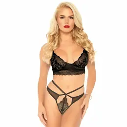 Leg Avenue 2-Piece Lace Bralette & Strappy G-String Set Black S/M