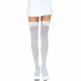 Leg Avenue White Nylon Thigh Highs with Decorative Bow One Size