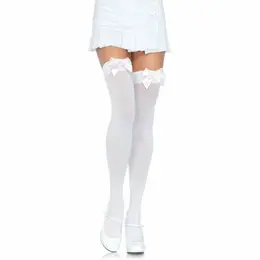 Leg Avenue Nylon Thigh Highs White/Pink with Decorative Bow One Size