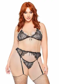 Plus Lace Bra Top, String and Garter Belt Set with Rhinestone Detail