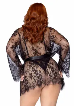 Leg Avenue Plus Teddy Set with Cheeky Thong & Lace Robe, Black, 3-Piece