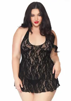 Plus Halter Rose Lace Dress - Elegant Lace Chemise with Open Back