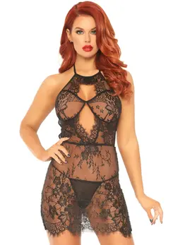 Dreamgirl Scalloped Lace Chemise Dress with Adjustable Straps Black L