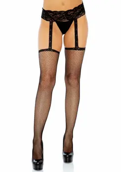 Leg Avenue Lumi Fishnet Garterbelt Stockings with Lace Waistband Black