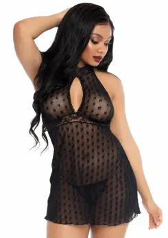 Dreamgirl Lace Trimmed Halter Babydoll Daisy Mesh Keyhole Black M/L