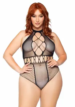 Plus Seamless Halter Bodysuit - Multi Net, T-Strap, Black, One Size
