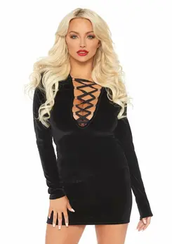Velvet Long Sleeved Dress Black Deep-V Lace Up Elegant Fit S