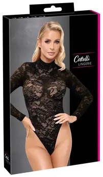 Cottelli LINGERIE Lace Body Black XL - Elegant Long Sleeve Bodysuit