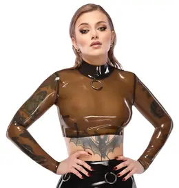 LateX Crop Top S Transparent Smoky Long Sleeve Decorative Ring