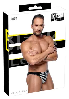 Black Level Vinyl Briefs for Men Silver Stripe Zip S Black Glossy