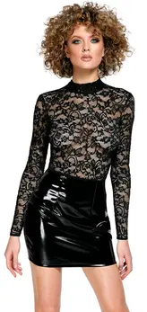 Black Level Vinyl & Lace Mini Dress M - Long Sleeve, Shiny Black Finish