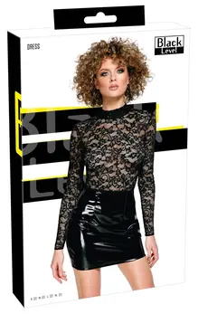 Black Level Vinyl & Lace Mini Dress S - Long Sleeve, Elegant Black