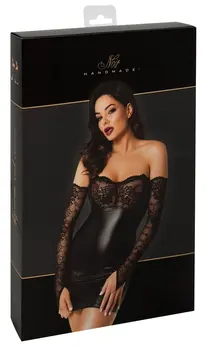 Noir Handmade Orgia Powerwetlook Mini Dress with Lace & Gauntlets L