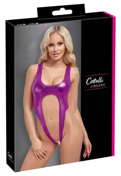 Cottelli LINGERIE Body Metallic Pink S/M - Shiny High-Leg Bodysuit
