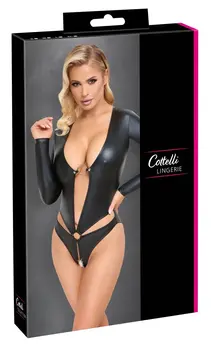Cottelli Lingerie Matte Black Long Sleeve Bodysuit M, Open Front Design