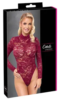 Cottelli Lingerie Lace Bodysuit Bordeaux Red Long Sleeve L