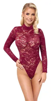 Cottelli Lingerie Lace Bodysuit Bordeaux Red Long Sleeve L