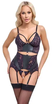 Cottelli Lingerie Basque Set Purple Lace Black M Adjustable Straps