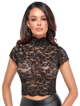 Noir Handmade Top Lace Model M Black Floral Sheer Stand Collar