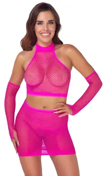 Cottelli Fantasy Hot Pink Mesh Set S-L - Crop Top, Skirt & Gauntlets