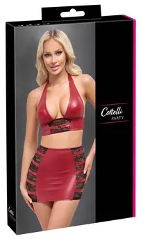 Cottelli PARTY Red Wet Look Crop Top & Mini Skirt Set L