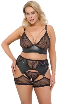 Cottelli Curves 3-Piece Black Lace Bra Set XL Adjustable Chains