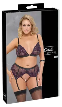 Cottelli Bondage Lace Bra Set XL - Purple & Black, Removable Chains