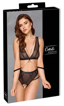 Cottelli Bondage Set M - Black Bra & High-Waist Briefs with Handcuffs