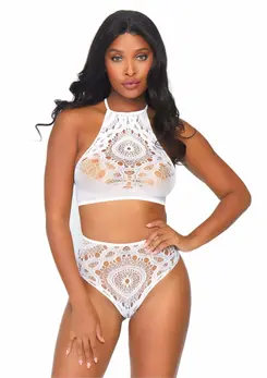 Dreamgirl Halter Crop Top & High Waist Thong Set, Crochet Lace, White