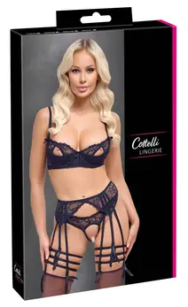 Cottelli Lingerie Bra & Suspender Set Black 85C/L Adjustable Lace