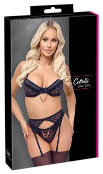 Cottelli Lingerie Set Chain 80B/M Black Lace & Satin Adjustable Trio