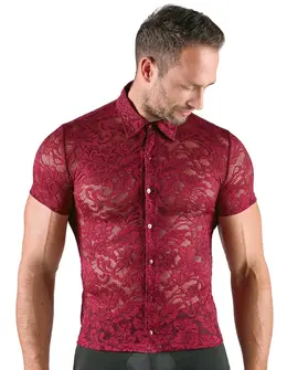 Svenjoyment Men's Shirt Model L, Dark Red Floral Lace, Short Sleeves