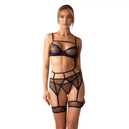 Obsessive Nuites 3-Piece Lingerie Set Black L/XL - Polka Dot Design