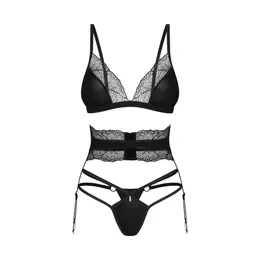 Obsessive Lobellis 3-Piece Lingerie Set Black XS Adjustable Lace Finish