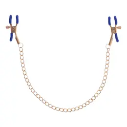 Sportsheets Cougar Adjustable Gold Chain Nipple Clamps with Blue Tips