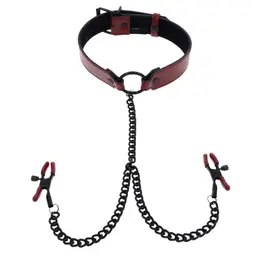 Sportsheets Saffron Adjustable Collar with Chain and Clamps, Red/Black