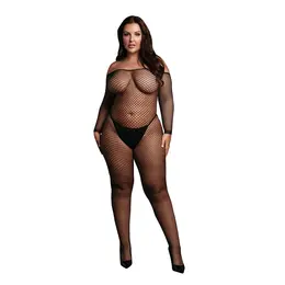 OSX Bodystocking Off-Shoulder Fishnet Longsleeve Black Plus Size