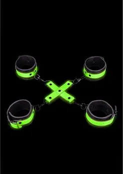 Ouch! Glow in the Dark Hand & Ankle Cuffs Set with Hogtie, Luminous Green