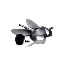 XR Brands Tailz Bunny Tail Plug & Mask Set - Black, Vegan Friendly
