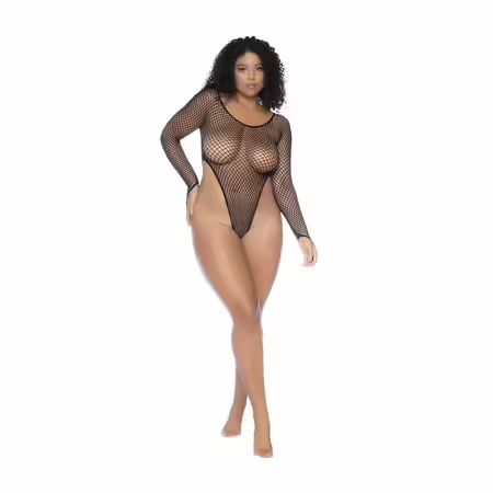 Mapele Long Sleeve Fishnet Bodysuit Queen Size черно, мрежесто