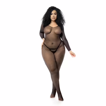 Leg Avenue бодистокинг дълъг, мрежест, Queen Size, черен